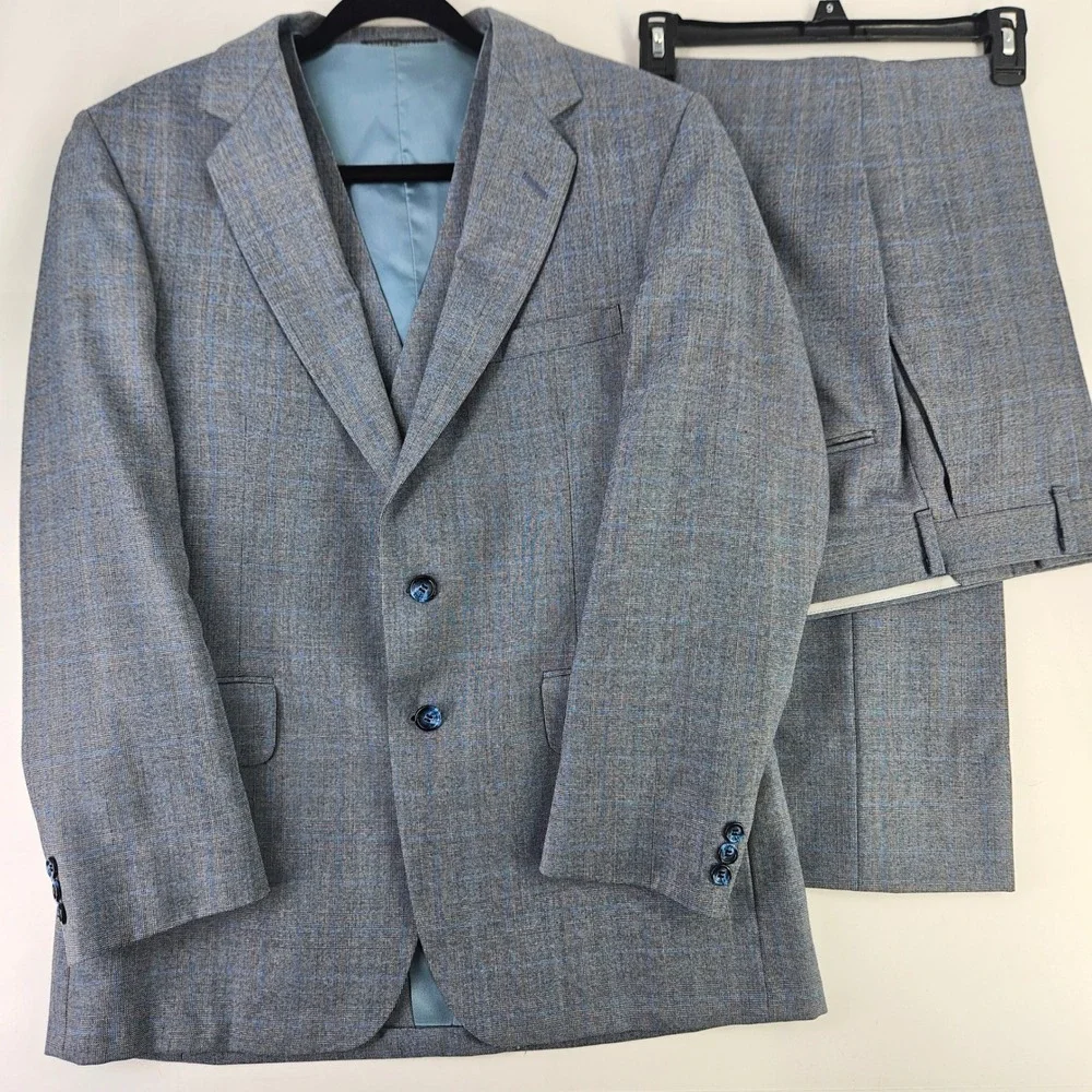 Vintage 80s Blue Grey Glen Plaid‎ 3pc Suit Single Breasted 2 Button Med ~40R-42R